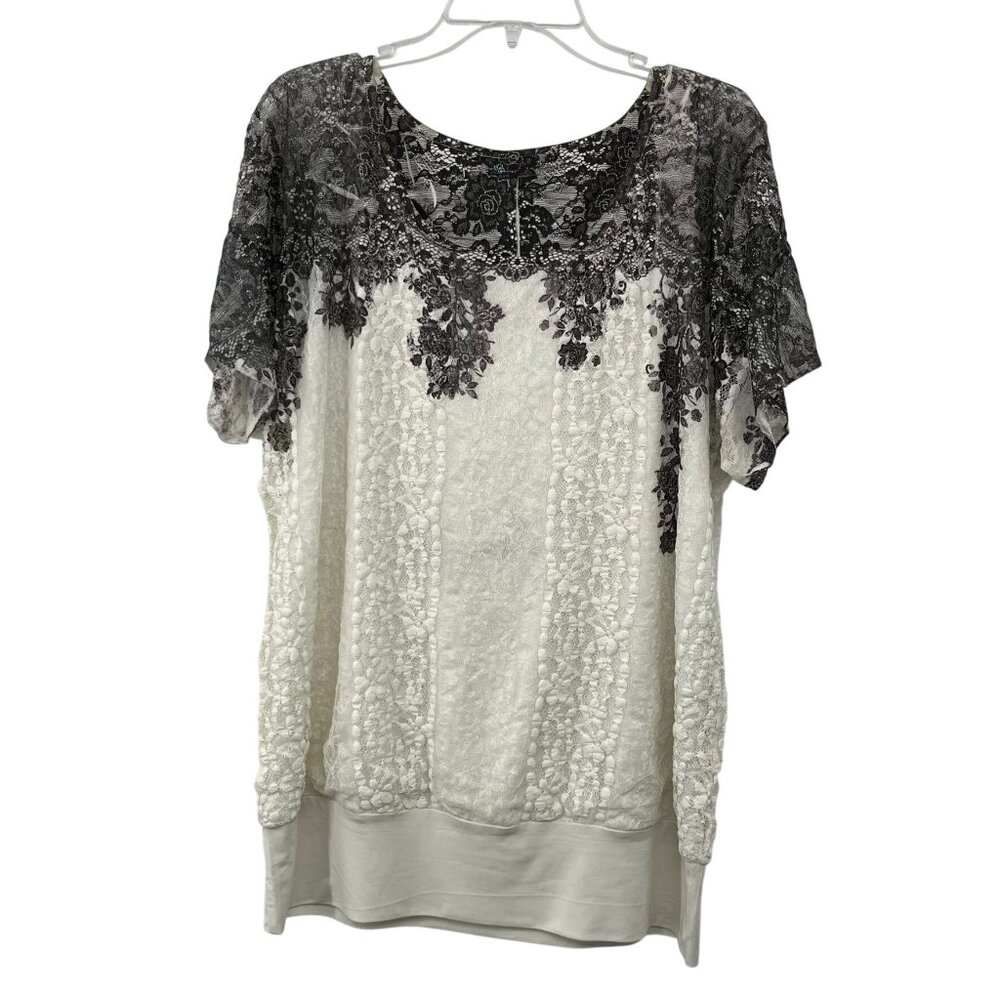 Style & Co Lace Blouse Black Cream Attached Tank Lining Womens L? Used - Picture 1 of 13